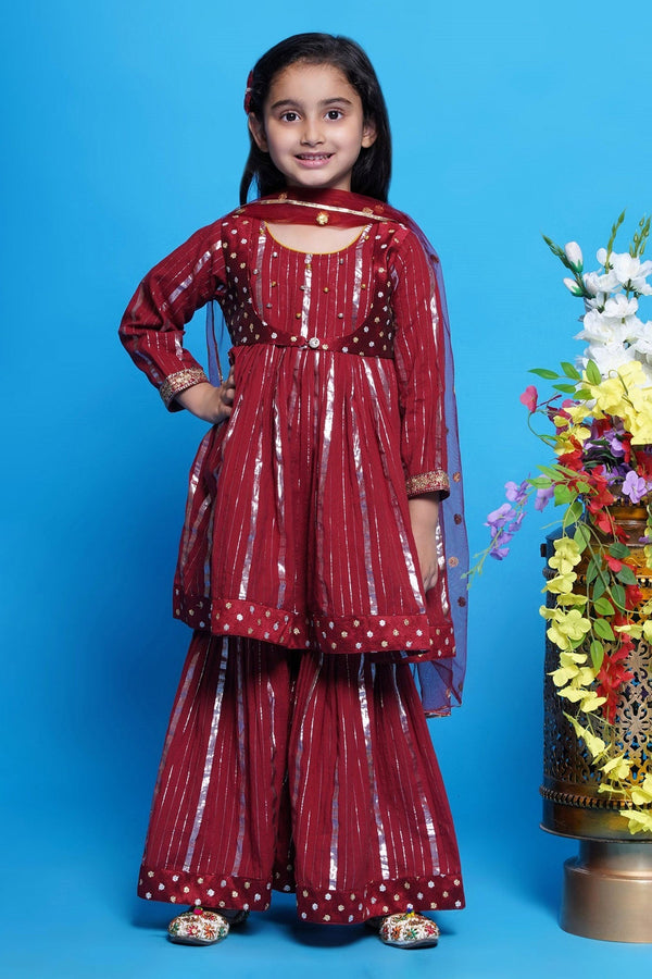 Maroon Cotton Embroidered Abstract Kurta Sharara Set