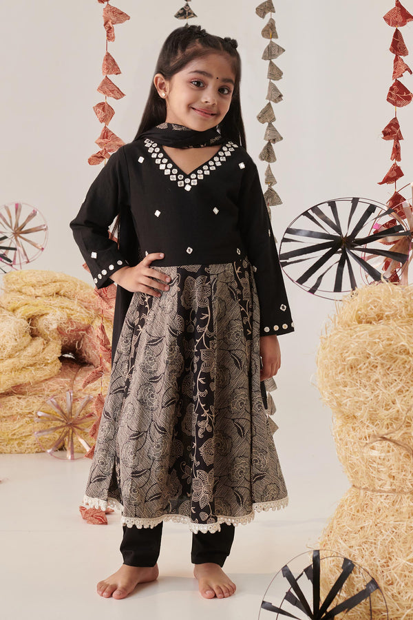Black Anarkali Cotton Embroidered Mirror Pant Set