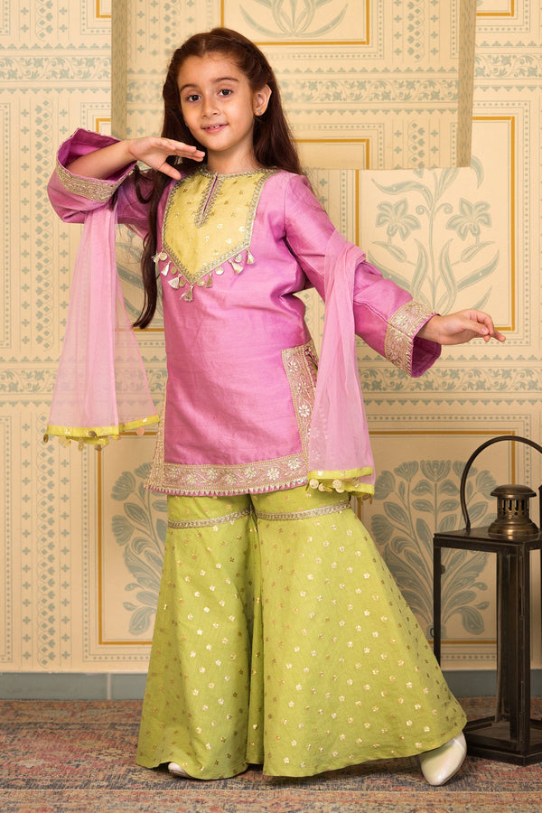 Purple Cotton Silk Tassel Lace Detailed Sharara Set