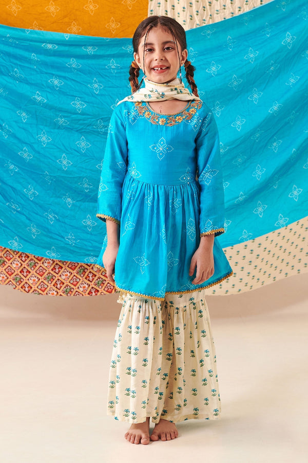Blue Muslin Silk Print Bandhani And Marodi Embroidered Kurta Sharara Set
