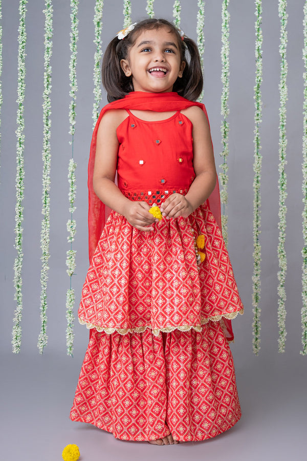 Red Cotton Satin Embroidered Mirror Kurta Sharara Set