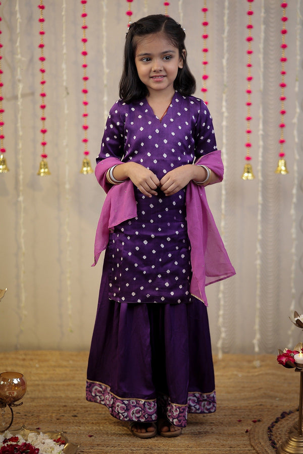 Purple Kurta And Sharara Modal Embroidery Bandhej Printed & Set