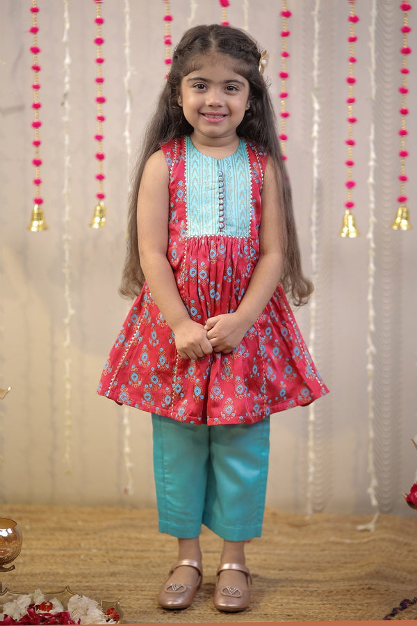 Pink Modal Embroidery Lace Block Print Gathered Kurta With Pant