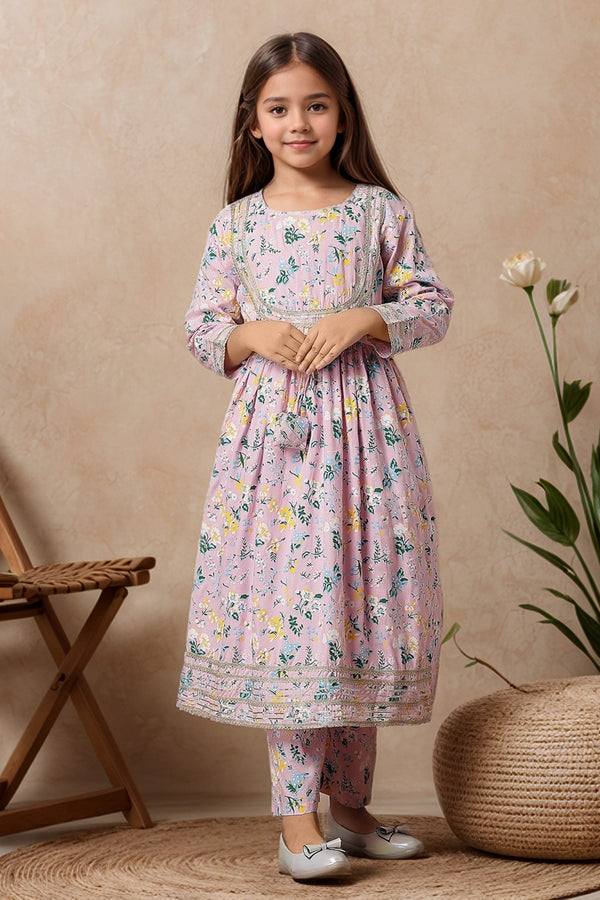 Girls Floral Printed Gotta Patti Pure Cotton A-Line Kurta With Trouser