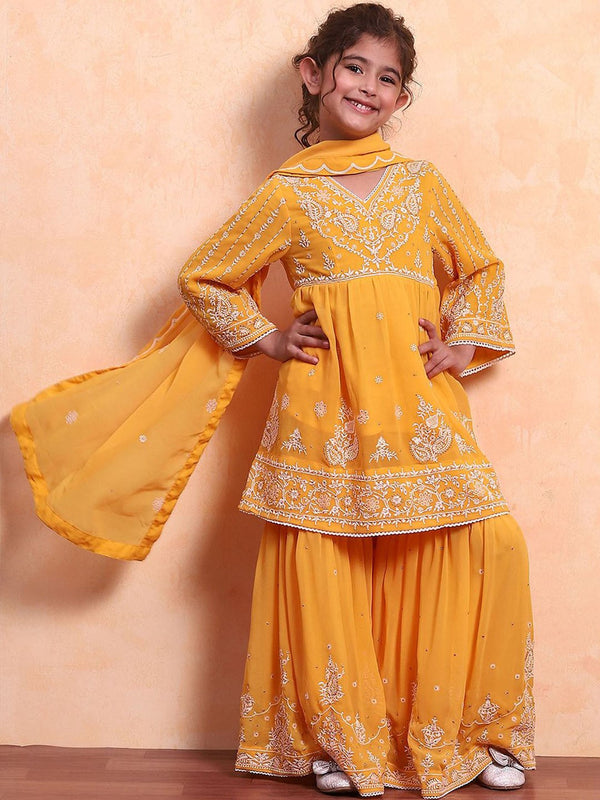 Girls Floral Embroidered Sequinned A-Line Kurta with Palazzos & Dupatta