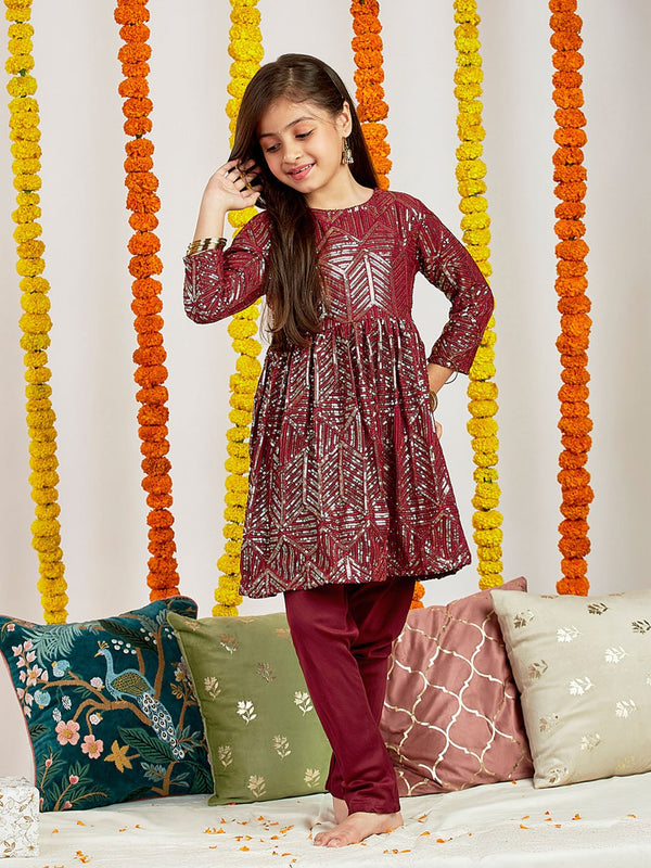 Girls Embroidered Regular Sequinned Kurti with Churidar