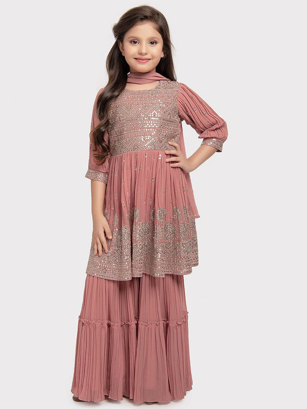 Girls Ethnic Motifs Embroidered Empire Sequinned Kurta with Sharara & Dupatta