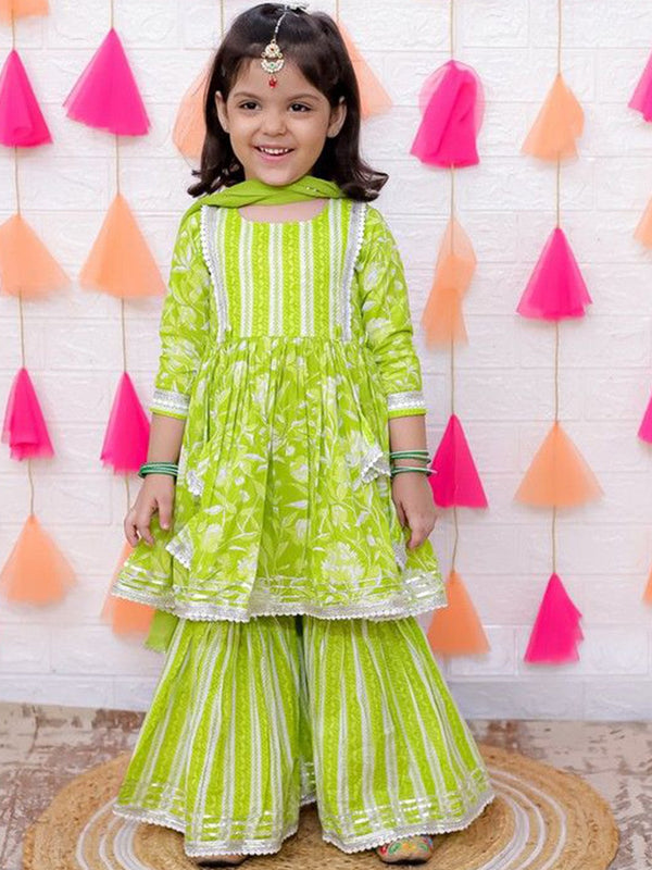 Girls Floral Printed Pure Cotton Anarkali Kurta With Sharara