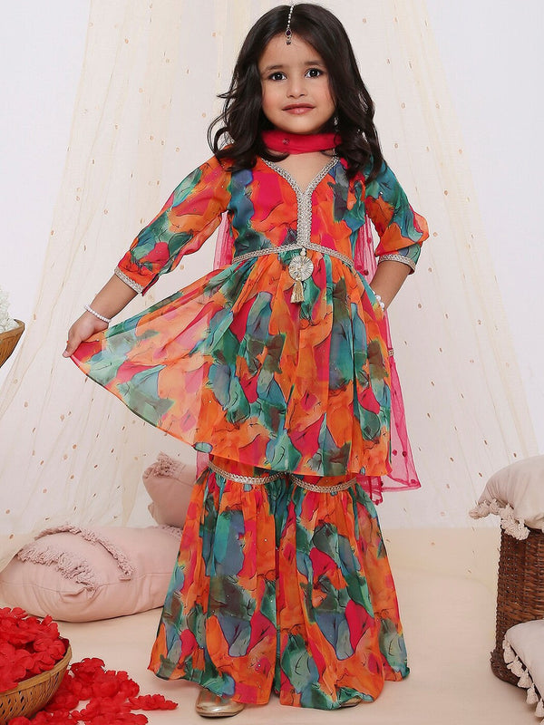 Girls Floral Printed Zari V-Neck Empire Anarkali Kurta With Sharara & Dupatta