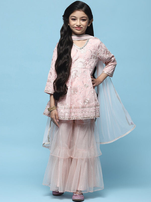 Girls Floral Embroidered Thread Work Kurta with Sharara & With Dupatta