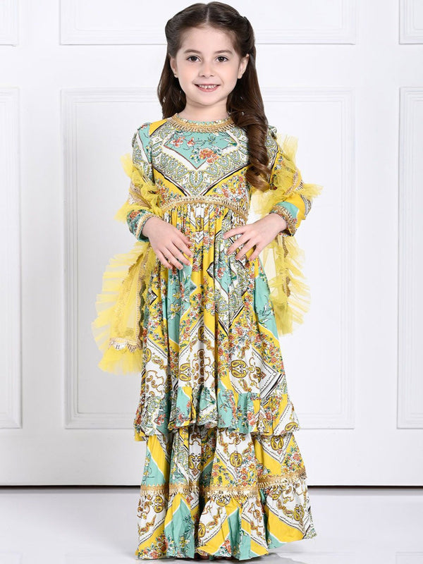 Girls Floral Printed Anarkali Kurta with Sharara & With Dupatta
