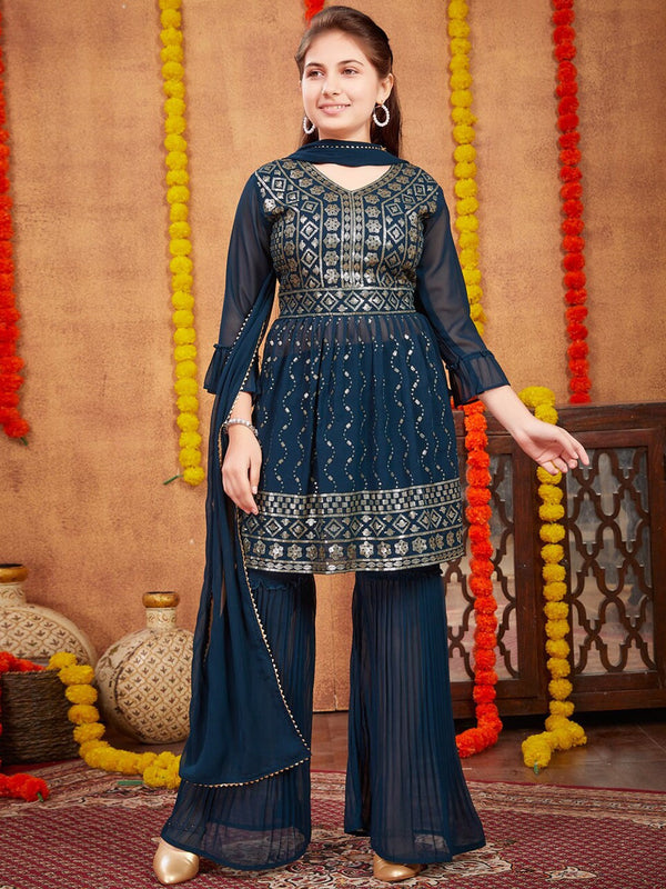 Girls Ethnic Motifs Embroidered Sequinned Kurta & Sharara With Dupatta