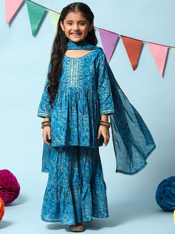 Girls Floral Printed A-Line Pleated Pure Cotton Kurta With Sharara & Dupatta
