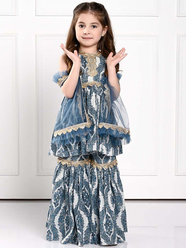 Girls Floral Printed Gotta Patti Kurta with Trousers & Dupatta
