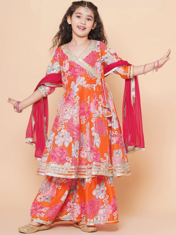 Girls Floral Printed Angrakha Gotta Patti Kurta with Sharara & Dupatta