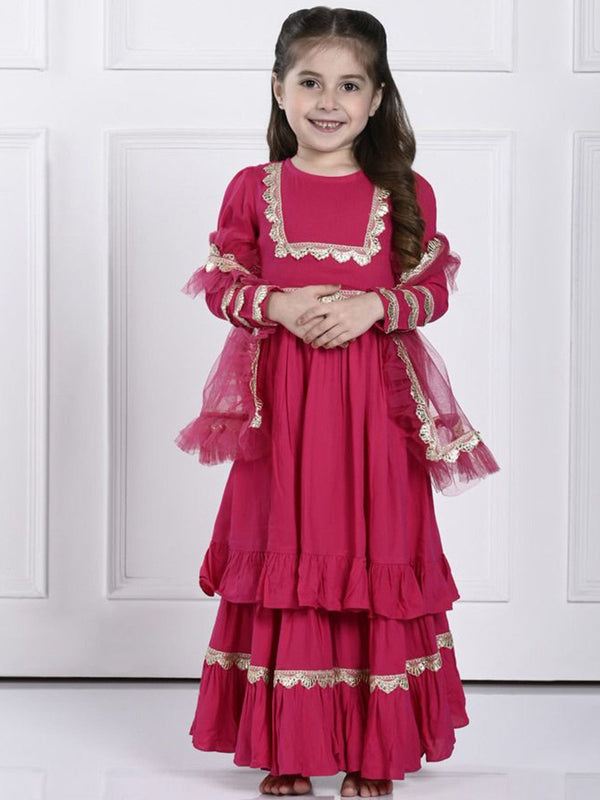 Girls Floral Yoke Design Anarkali Kurta with Sharara & With Dupatta