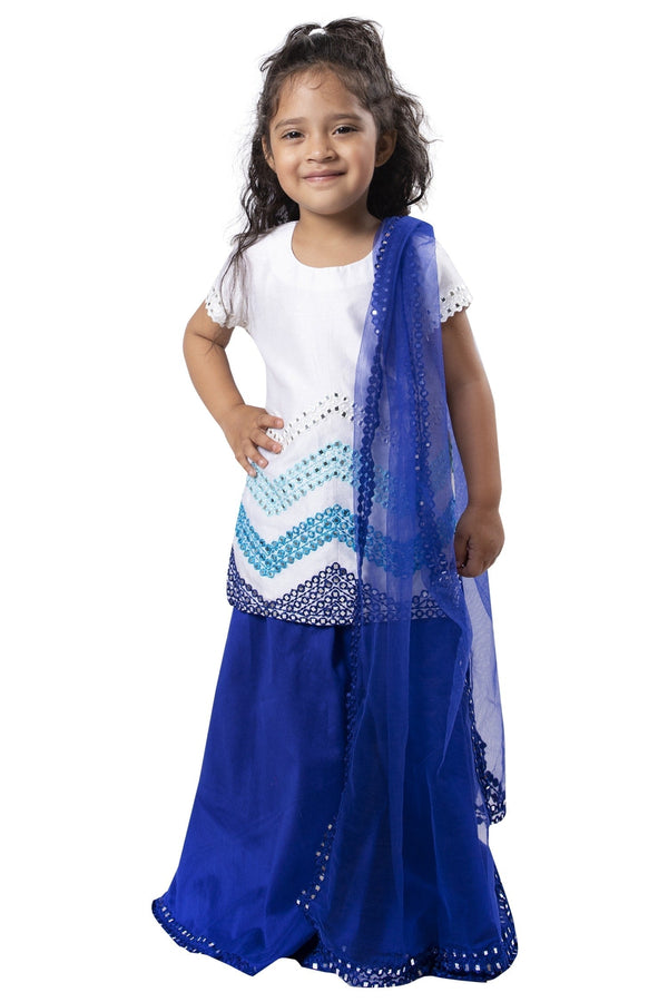 Blue Mirror Work Embroidered Sharara Kurta Set For Girls