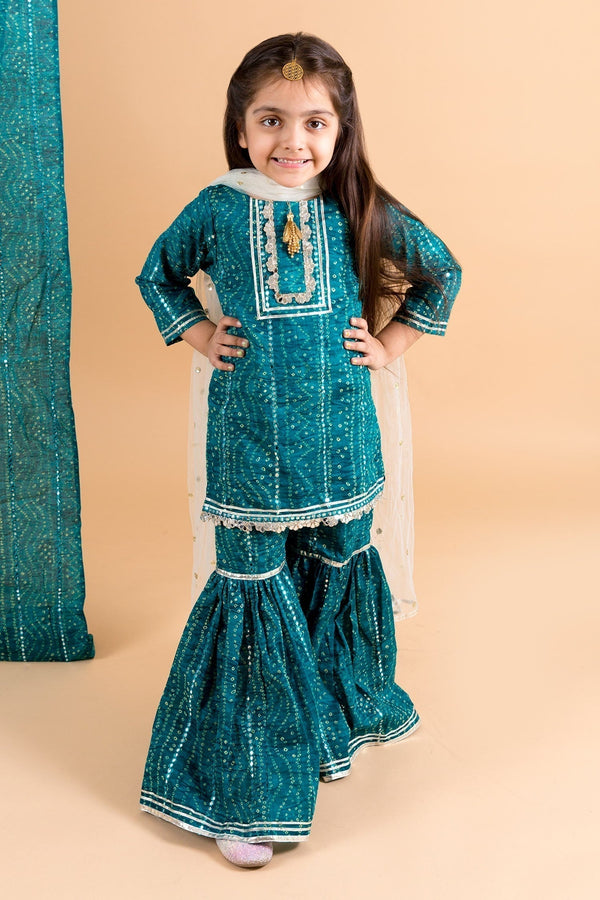 Blue Cotton And Embroidery Bandhani Kurta Sharara Set For Girls