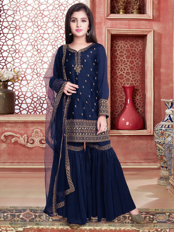 Girls Ethnic Motifs Embroidered Regular Kurta with Sharara & With Dupatta