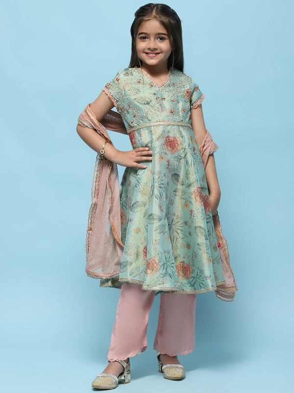 Girls Floral Printed Sequinned Regular Anarkali Kurta with Palazzos & Dupatta