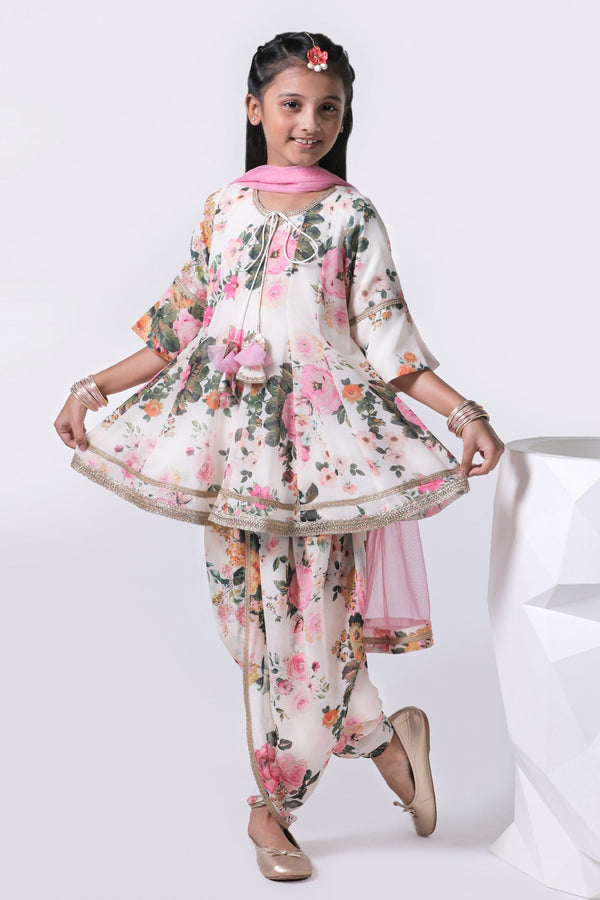 Ivory Georgette Embroidered Vintage Floral Kurta Dhoti Pant Set For Girls