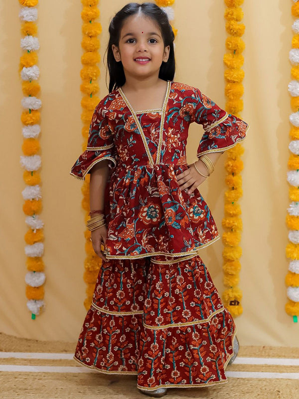 Girls Ethnic Motifs Printed Gotta Patti Pure Cotton Anarkali Kurta With Sharara