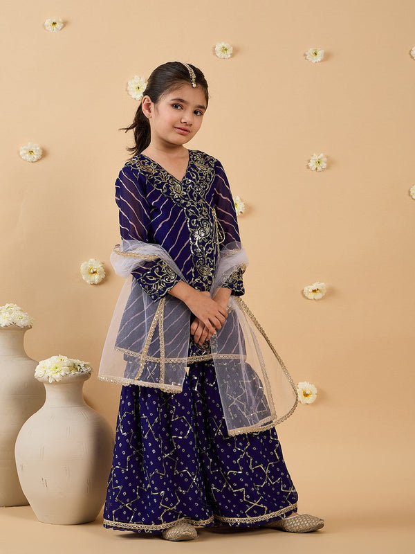 Girls Ethnic Motifs Embroidered Angrakha Kurta with Sharara & With Dupatta