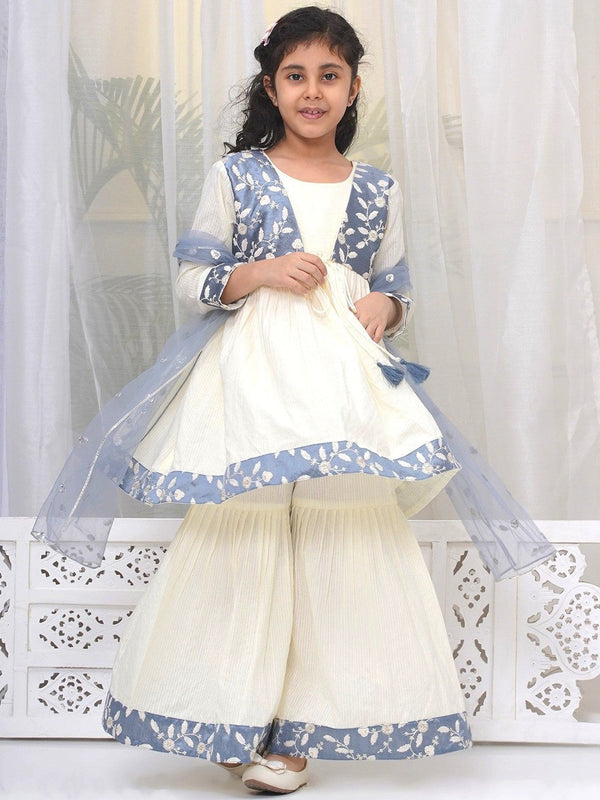 Girls Floral Embroidered Sequinned Pure Cotton Kurta with Sharara & Dupatta