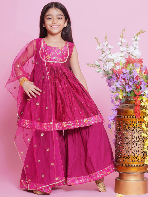 Girls Ethnic Motifs Embroidered Pure Silk Kurta With Sharara & Dupatta