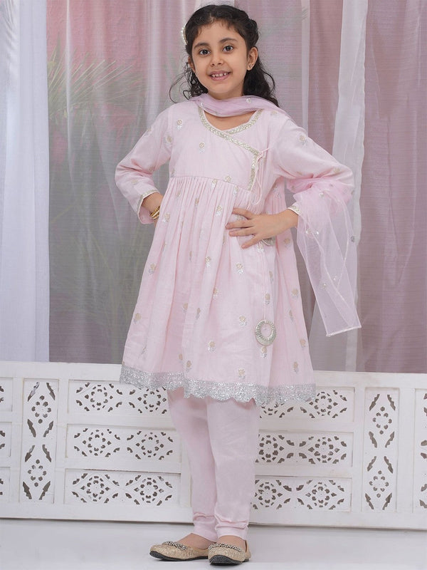 Girls Floral Woven Design Pure Cotton A-Line Kurta with Salwar & Dupatta