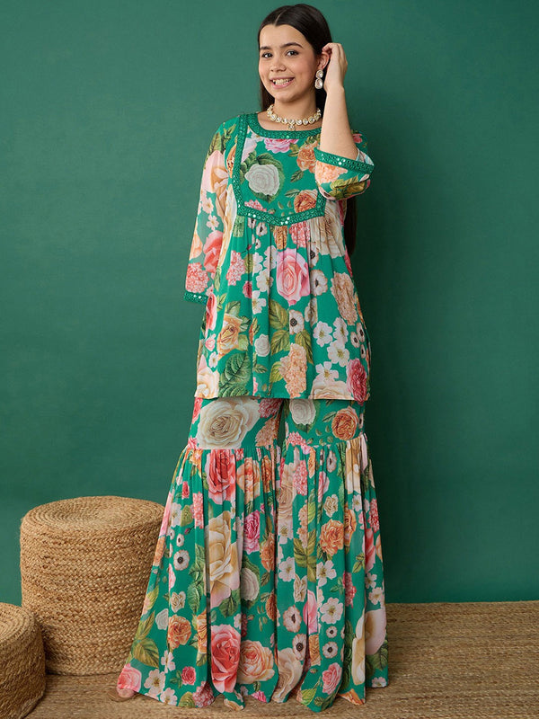 Girls Floral Printed Mirror Work Straight Kurti With Sharara