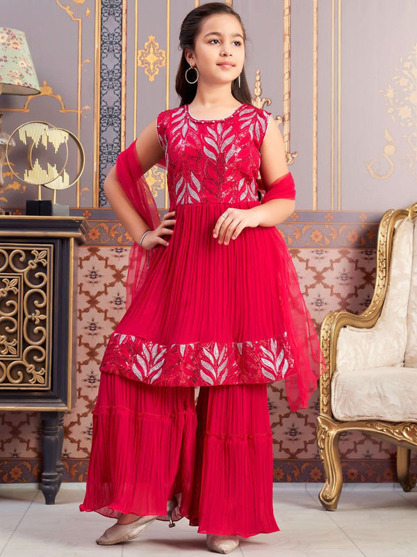 Girls Printed Regular Kurta with Sharara & With Dupatta