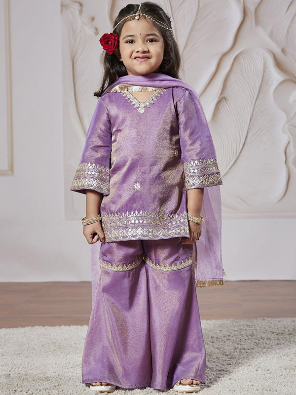 Girls Floral Embroidered Regular Sequinned Tissue Kurta & Sharara With Dupatta