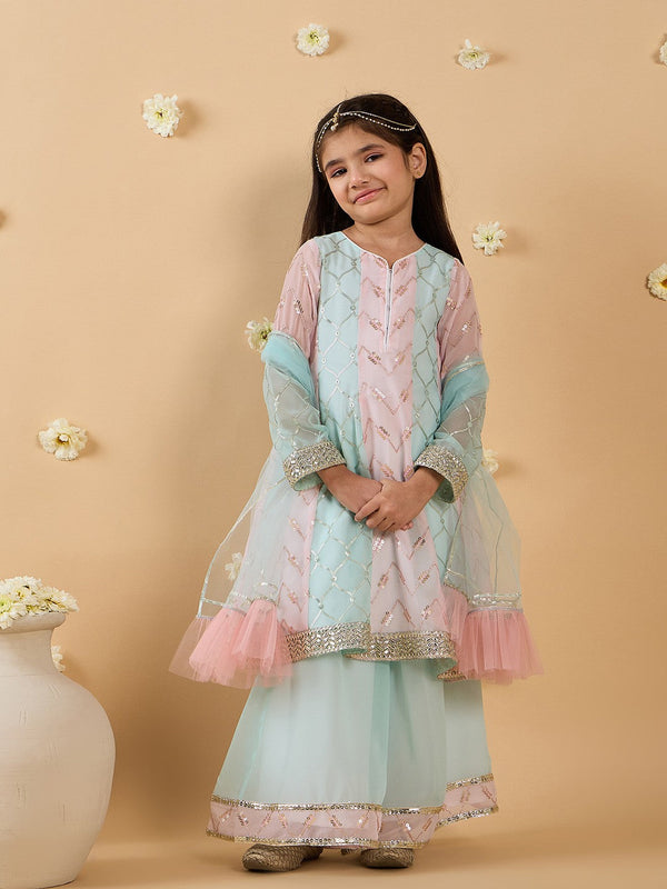 Girls Ethnic Motifs Embroidered Angrakha Sequinned Kurta with Sharara & With Dupatta