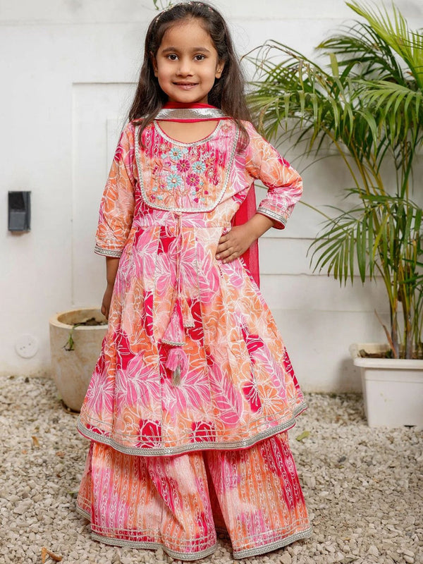 Girls Floral Printed Angrakha Pure Cotton Kurta with Sharara & With Dupatta