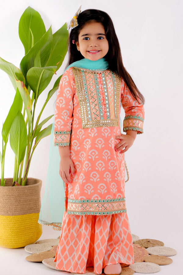 Peach Soft Cotton Printed Kurta Set