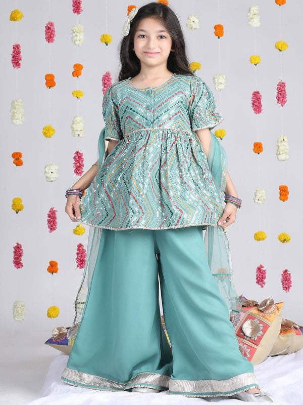 Girls Embroidered Mirror Work A-Line Kurta With Palazzos & Dupatta