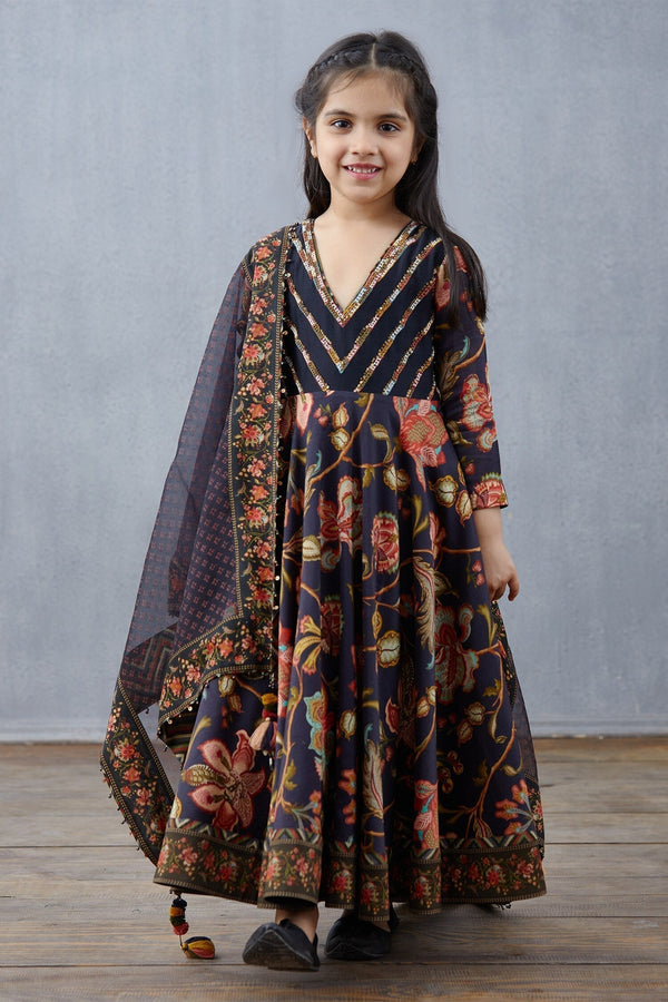 Blue Anarkali And Dupatta: Handwoven Chanderi Nisha Mastani & Set For Girls