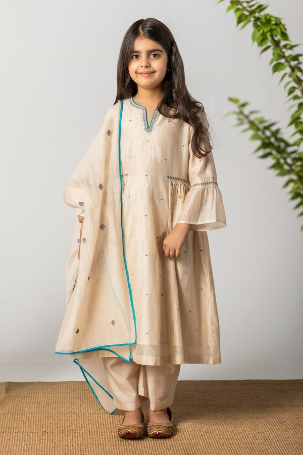 White Chanderi Cotton Silk Embroidered Kurta Set For Girls
