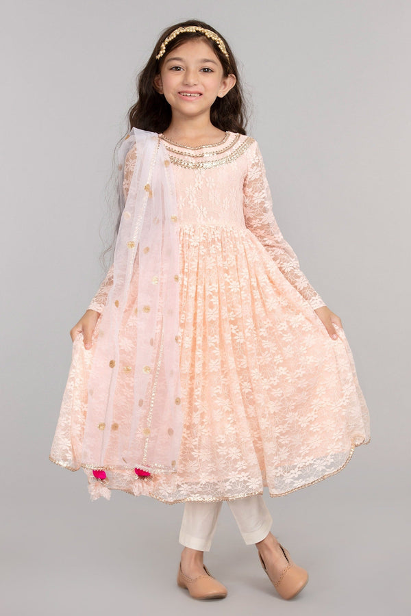Peach 100% Viscose Nylon Embroidery Floral Anarkali Set