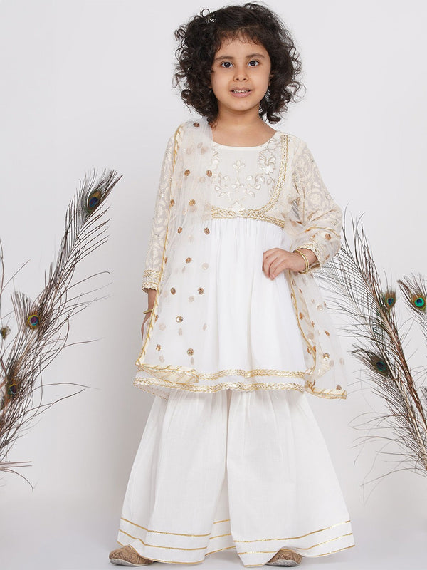 Girls White Floral Embroidered Pure Cotton Kurta with Sharara & With Dupatta