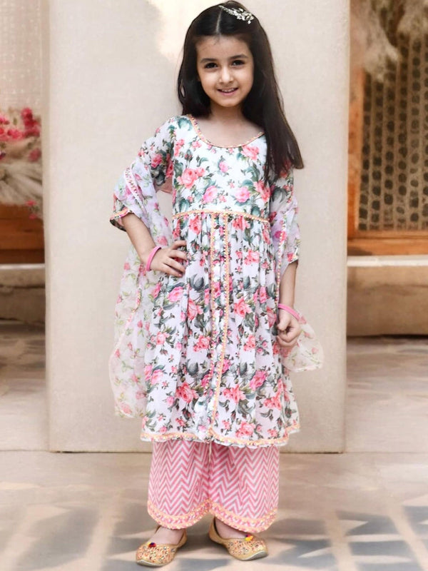 Girls Printed Regular Pure Cotton Kurti with Palazzos & With Dupatta