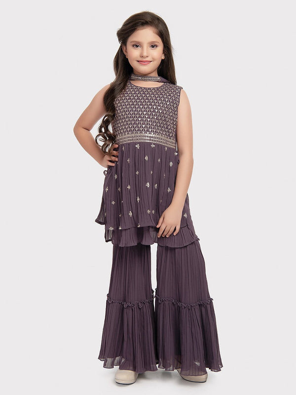 Girls Ethnic Motifs Embroidered Empire Sequinned Kurta with Sharara & Dupatta