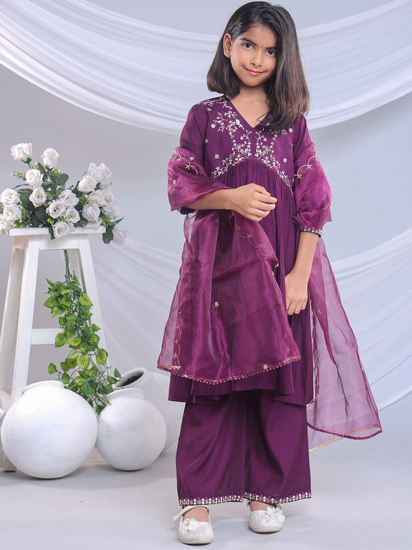 Girls Floral Yoke Design Empire Thread Work Anarkali Kurta With Trousers & Dupatta