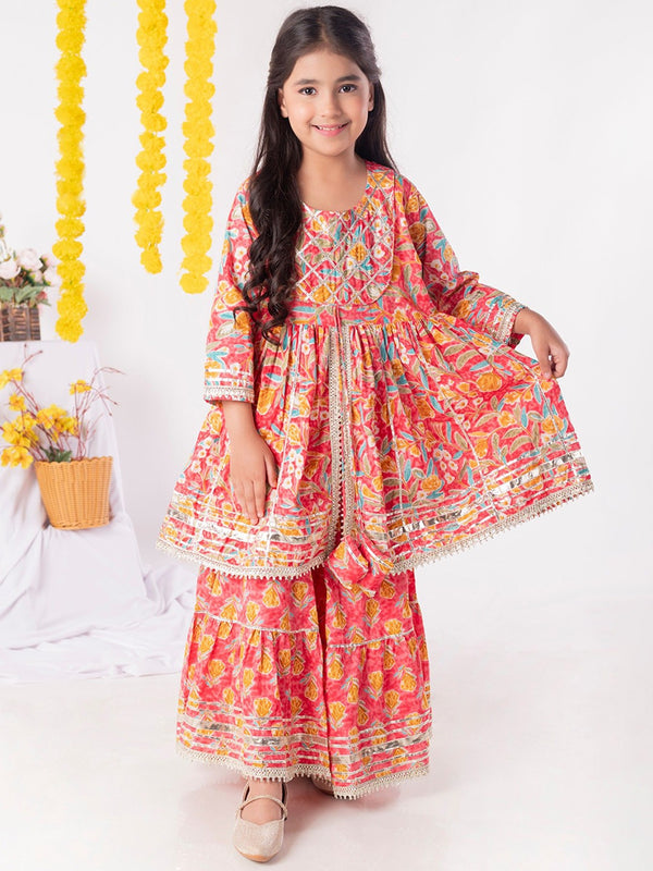 Girls Ethnic Motifs Printed Pleated Gotta Patti Pure Cotton Kurta with Sharara
