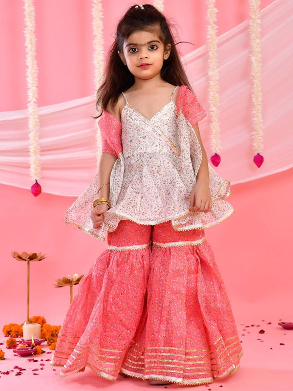Girls Floral Printed Gotta Patti Pure Cotton Kurta With Sharara & Dupatta