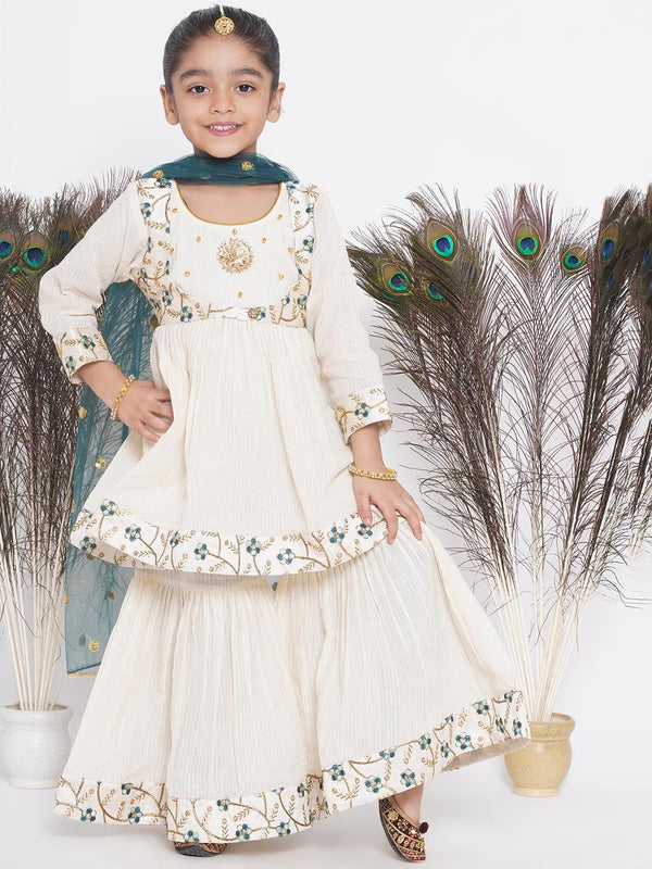 Girls Cream-Coloured Ethnic Motifs Embroidered Pleated Pure Cotton Kurta with Sharara & With