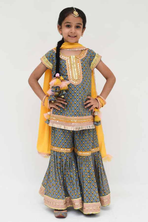 Grey Cotton And Georgette Printed Kurta & Sharara Set For Girls
