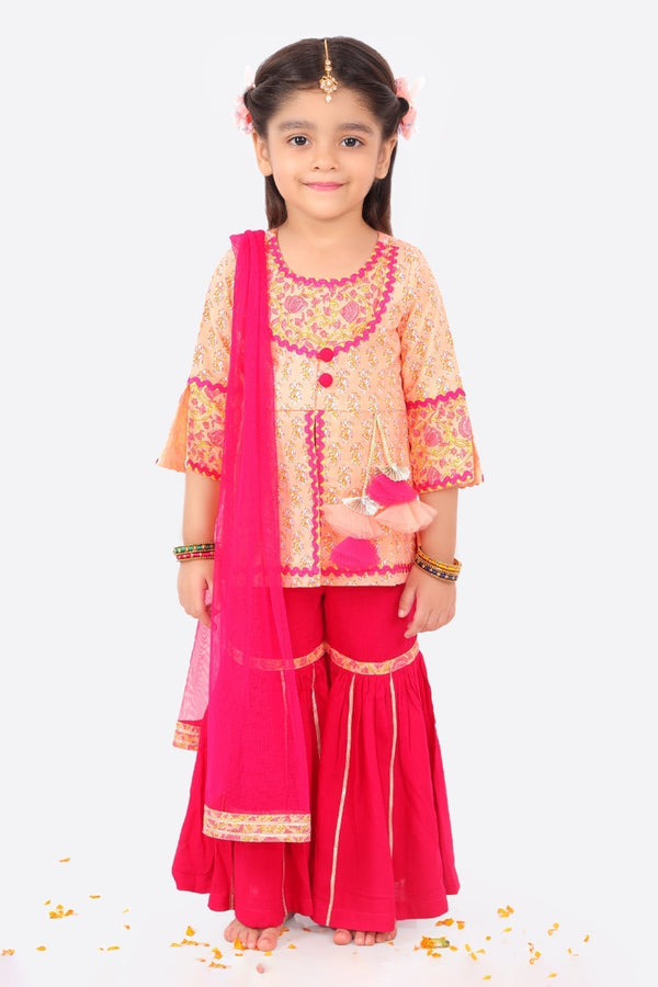 Orange Cotton Printed Kurta Set For Girls