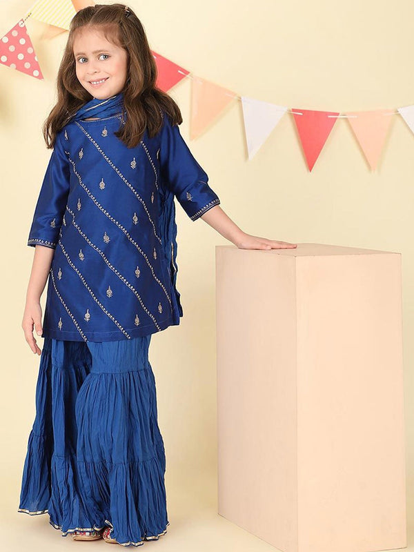 Girls Ethnic Motifs Embroidered Regular Kurta with Sharara & Dupatta